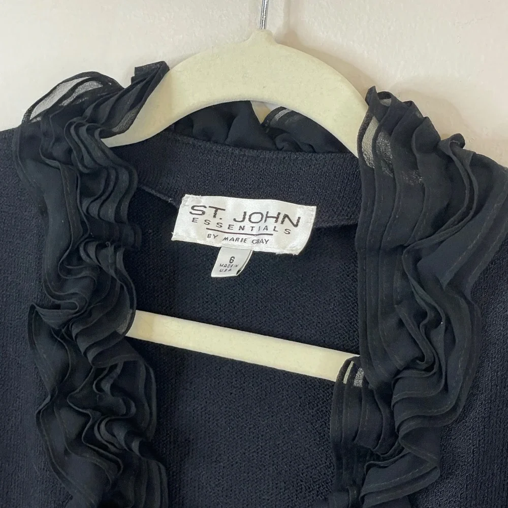St.John Essentials Ruffled SilkRich Santana Knit Cardigan 6 Black Jacket Luxury